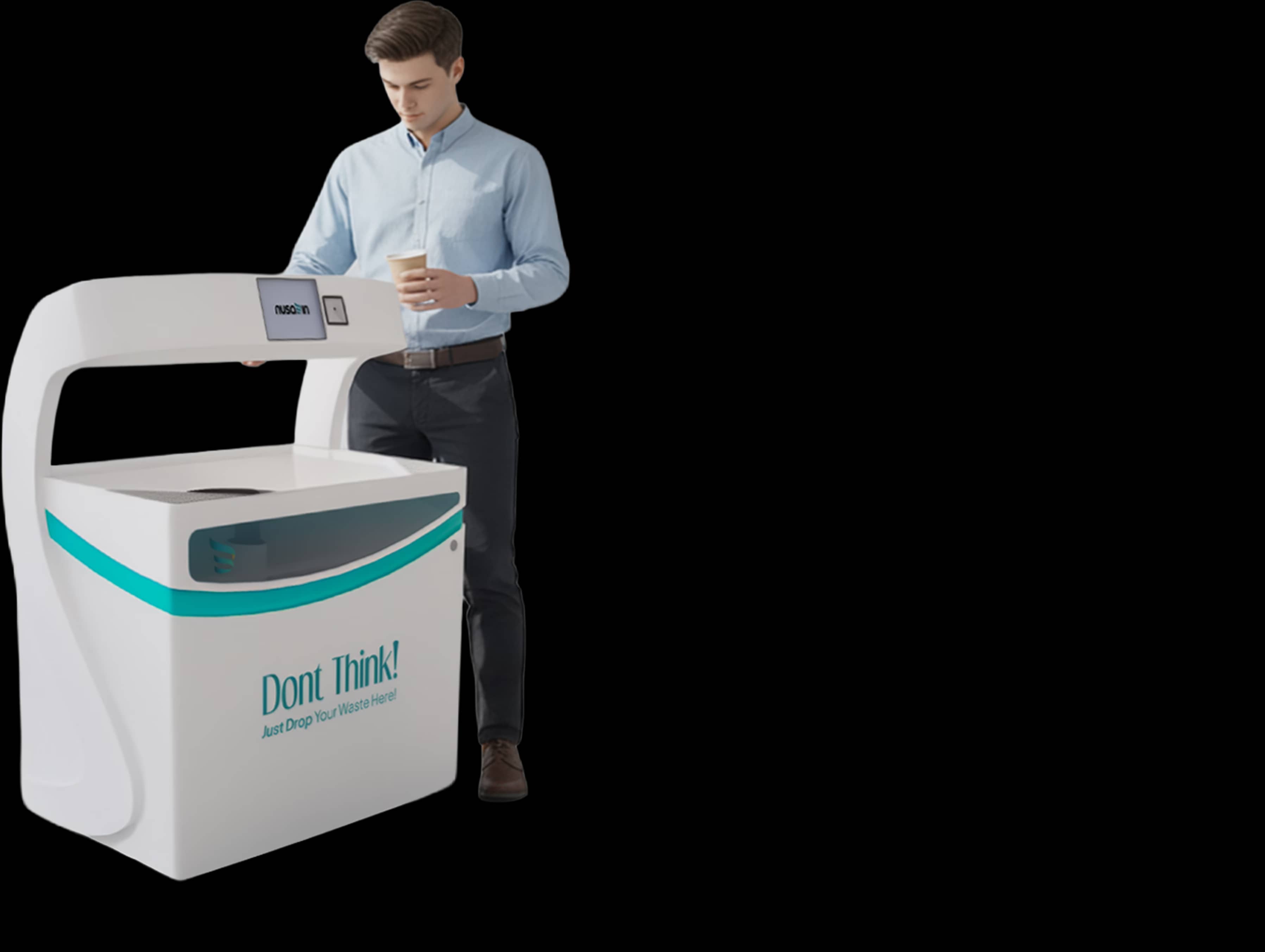 Employee disposing waste into Srikandi smart waste bin in modern office