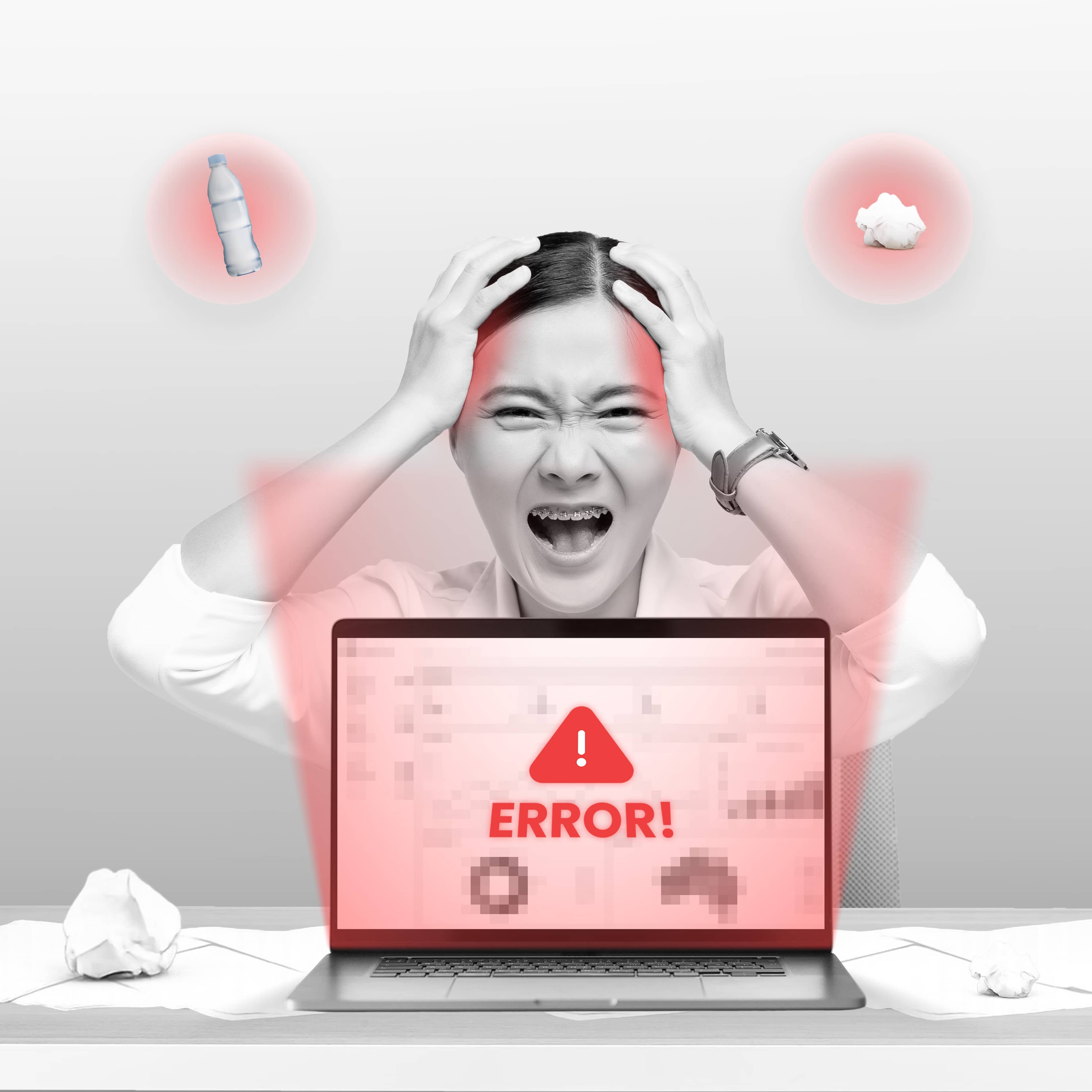 Frustrated user with hands on head facing laptop showing other system error message with red warning alert