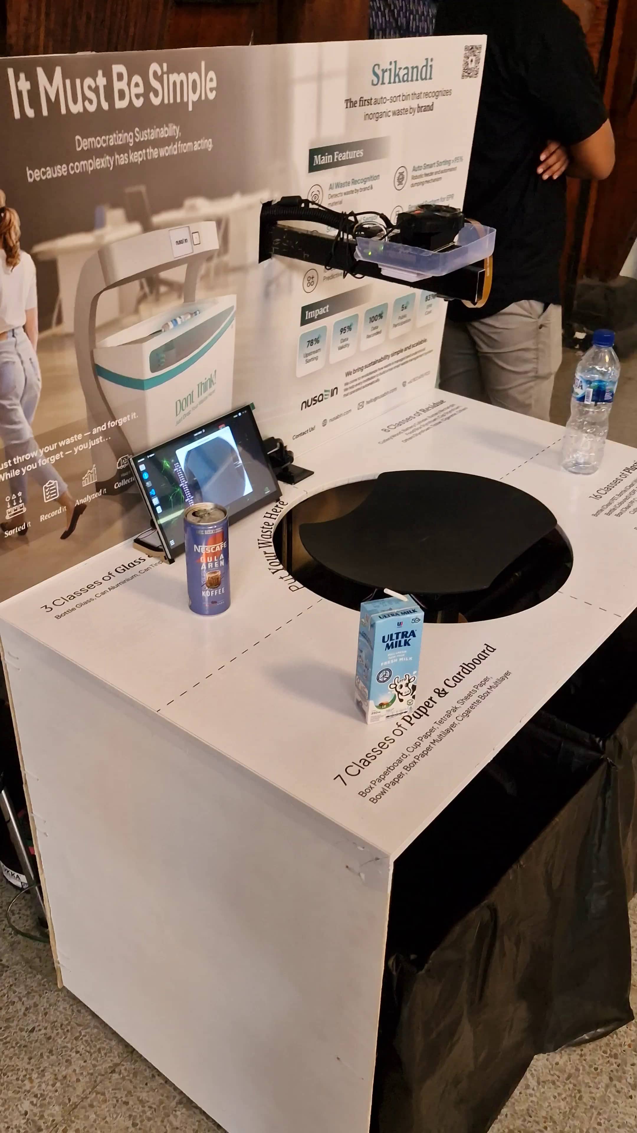Angled view of Srikandi smart waste bin at Bandung Sustainability Summit 2025