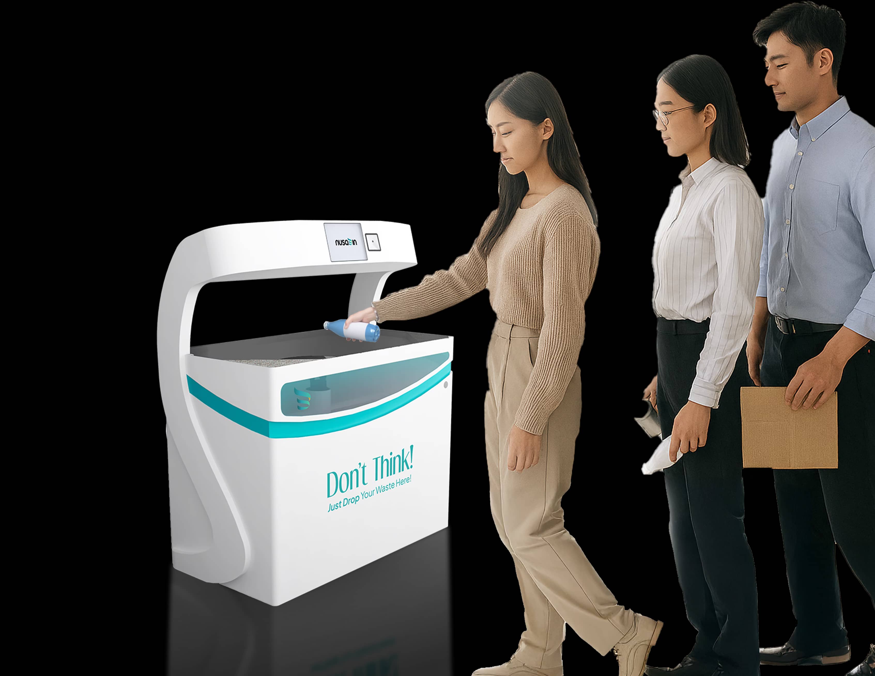 Woman disposing item in Srikandi smart bin while people wait in queue